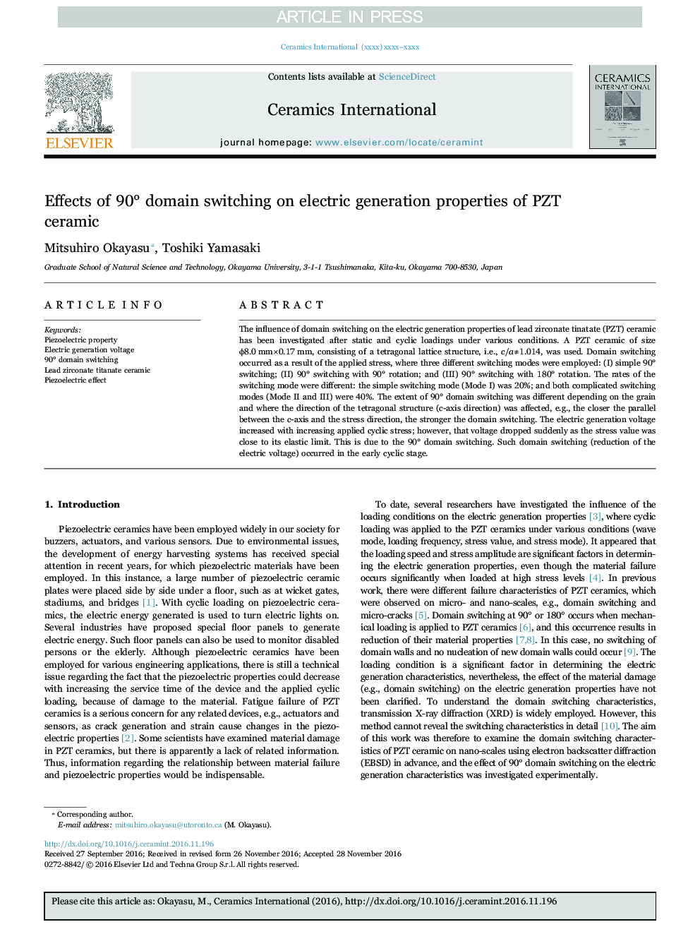 Effects of 90Â° domain switching on electric generation properties of PZT ceramic