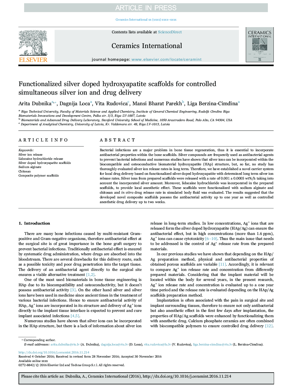 Functionalized silver doped hydroxyapatite scaffolds for controlled simultaneous silver ion and drug delivery