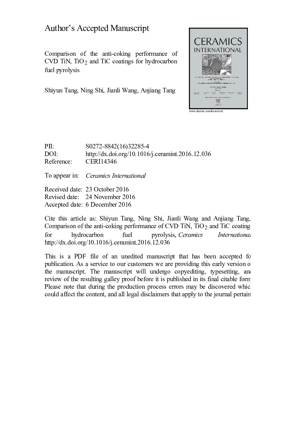 Comparison of the anti-coking performance of CVD TiN, TiO2 and TiC coatings for hydrocarbon fuel pyrolysis