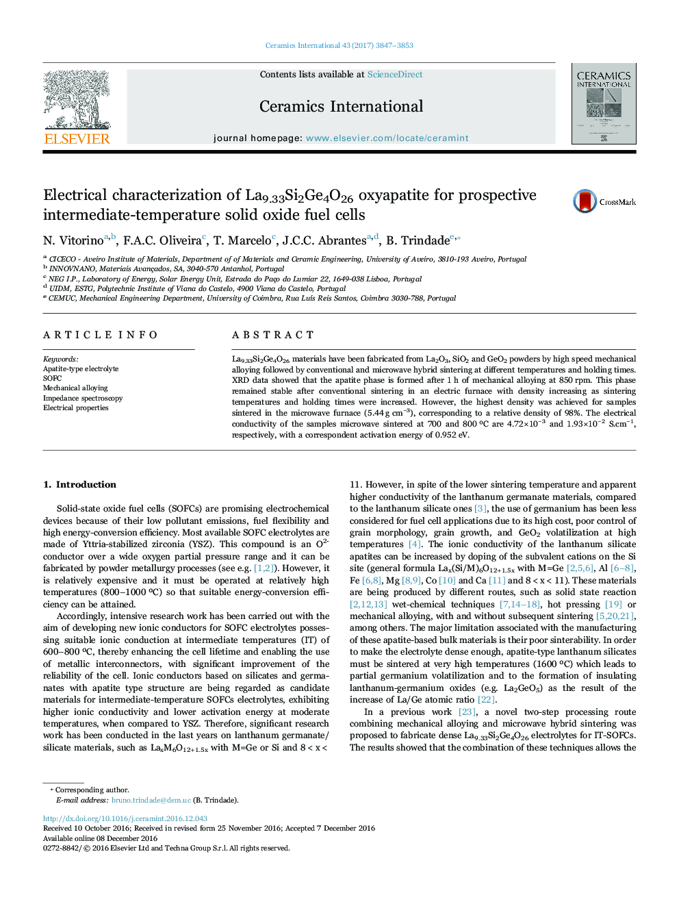 Electrical characterization of La9.33Si2Ge4O26 oxyapatite for prospective intermediate-temperature solid oxide fuel cells