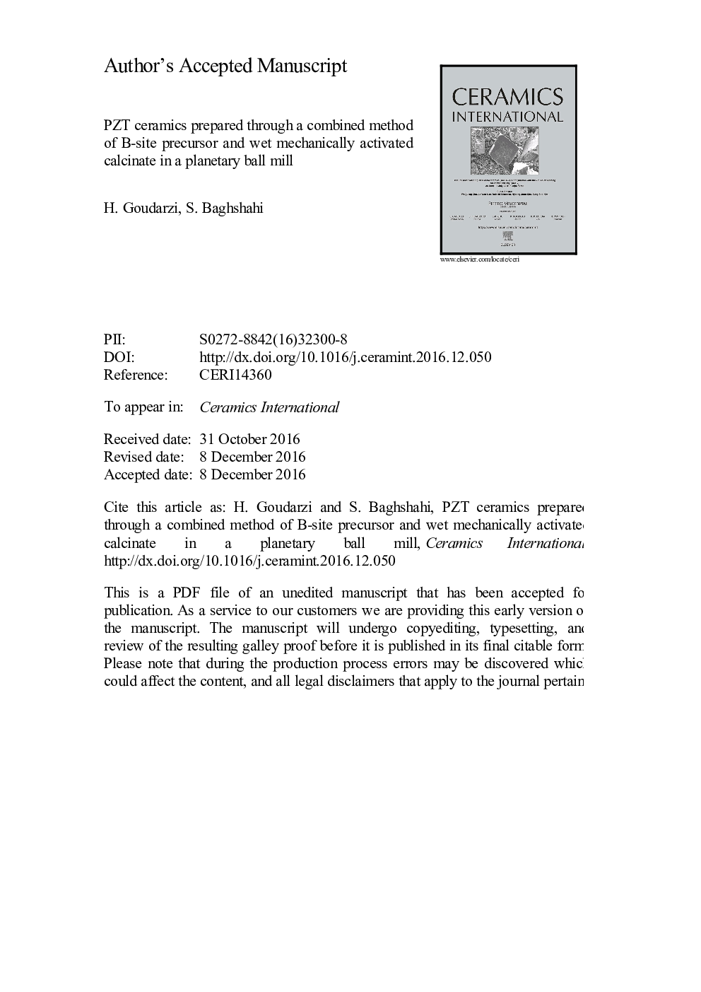 PZT ceramics prepared through a combined method of B-site precursor and wet mechanically activated calcinate in a planetary ball mill