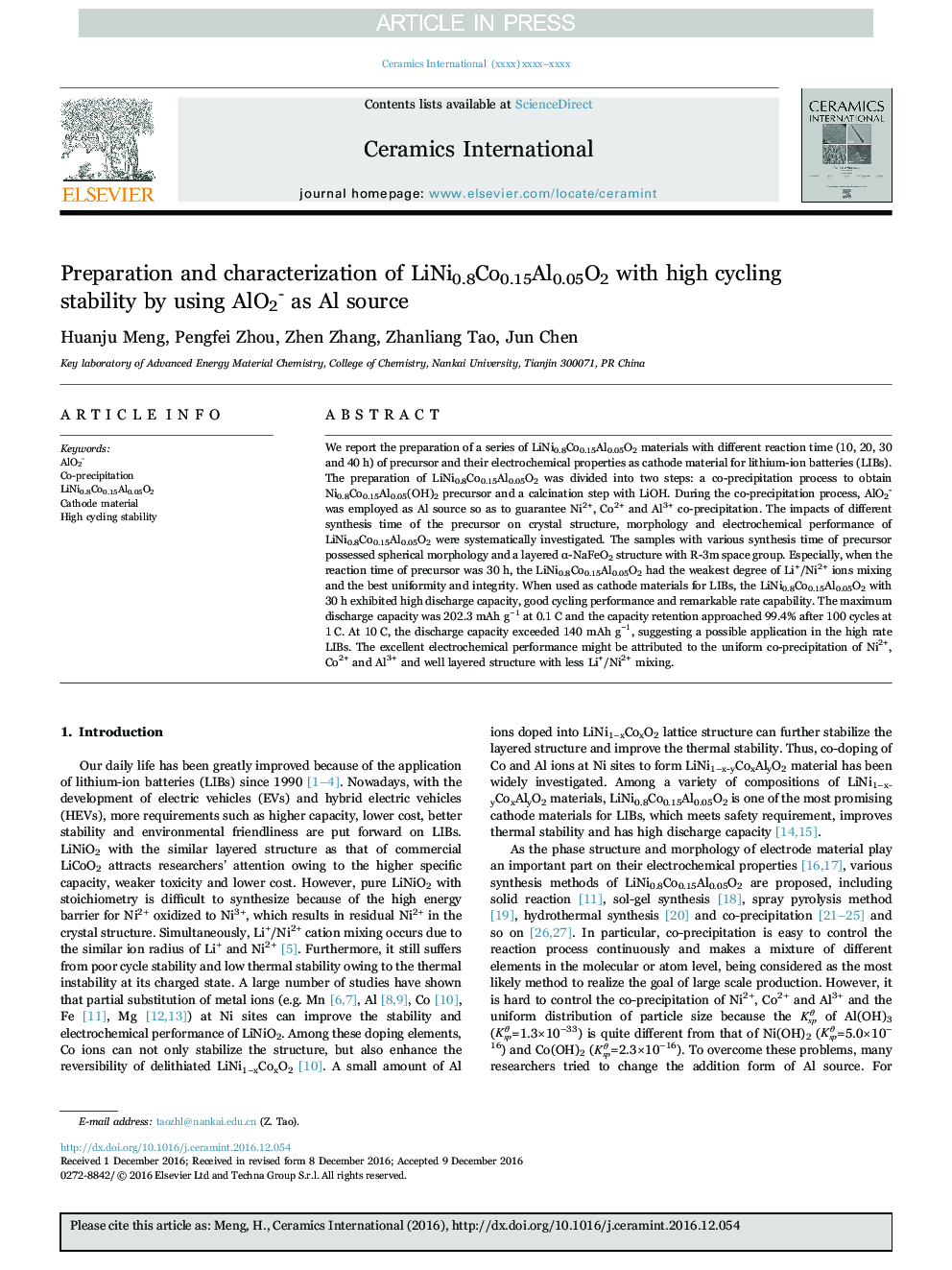 Preparation and characterization of LiNi0.8Co0.15Al0.05O2 with high cycling stability by using AlO2- as Al source