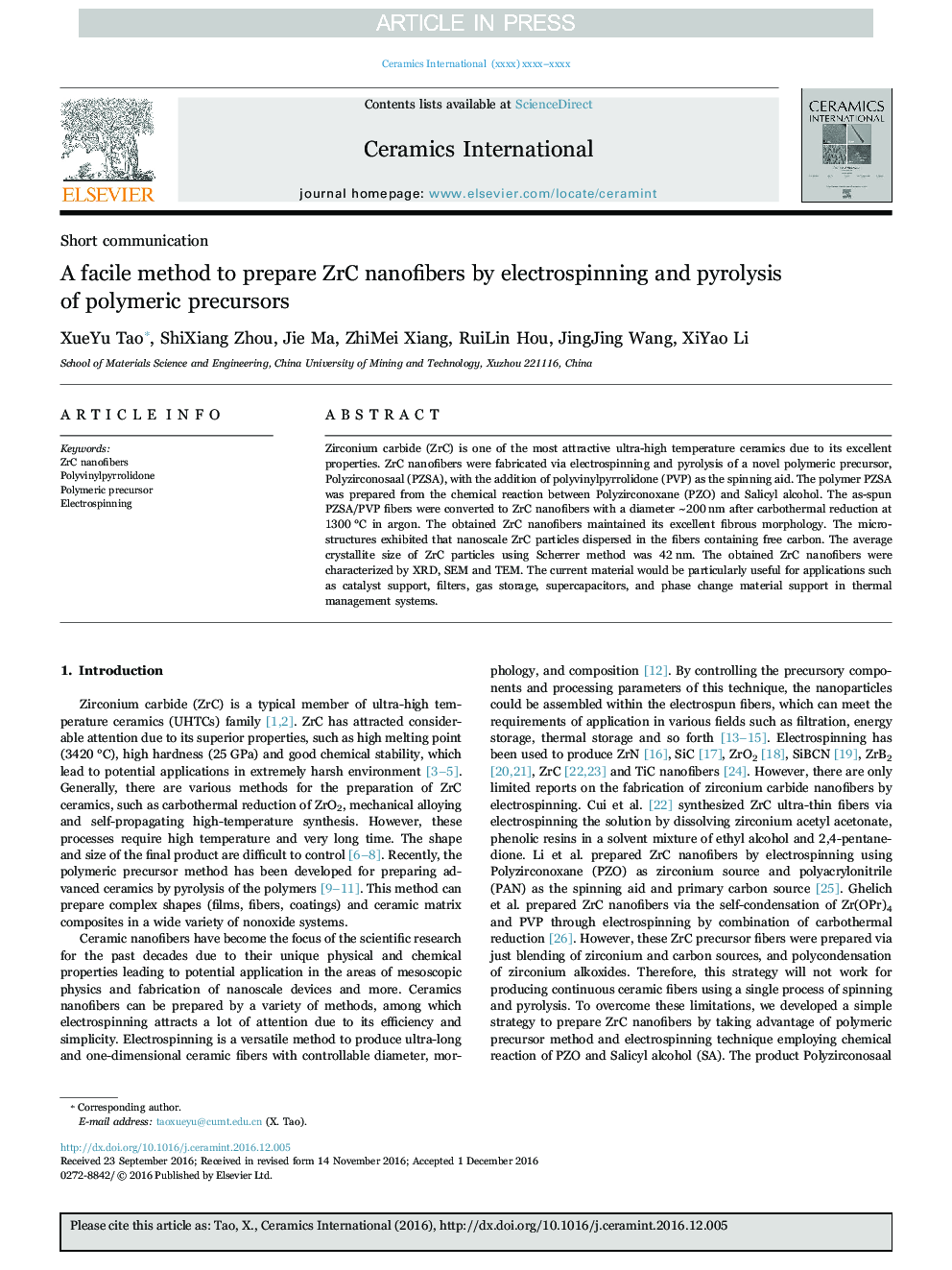 A facile method to prepare ZrC nanofibers by electrospinning and pyrolysis of polymeric precursors