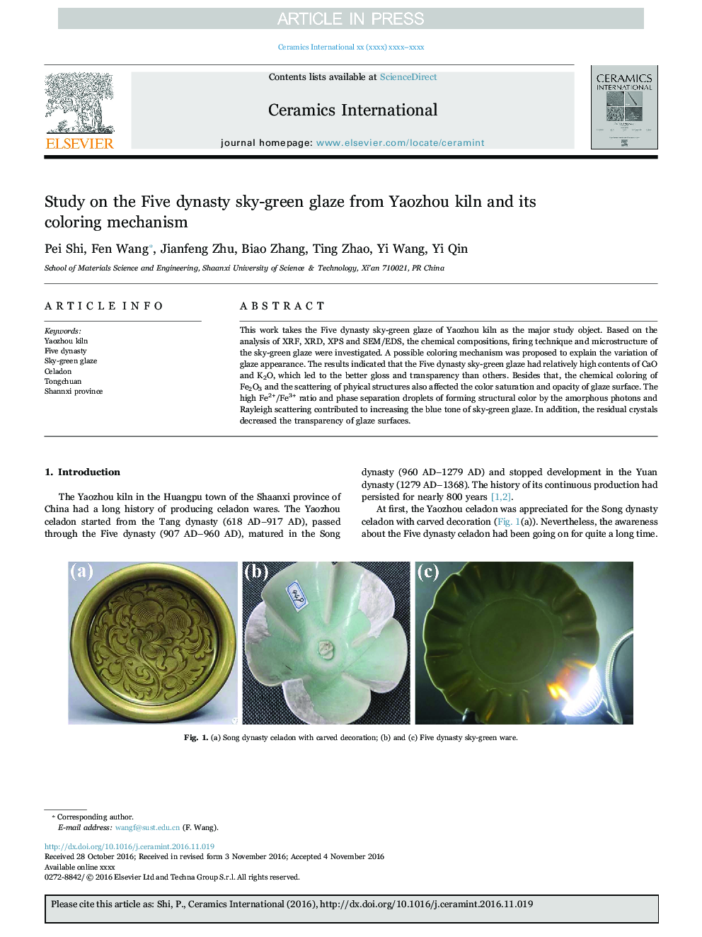 عکس صفحه اول مقاله: Study on the Five dynasty sky-green glaze from Yaozhou kiln and its coloring mechanism Study on the Five dynasty sky-green glaze from Yaozhou kiln and its coloring mechanism