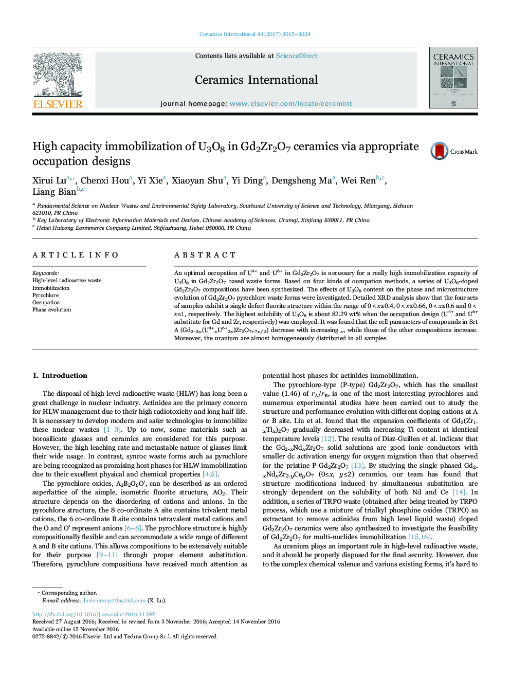 High capacity immobilization of U3O8 in Gd2Zr2O7 ceramics via appropriate occupation designs