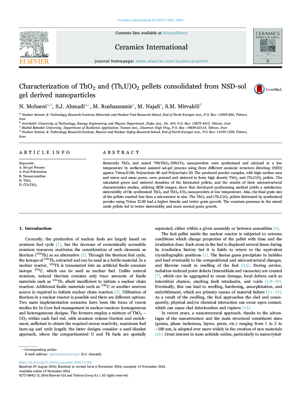 Characterization of ThO2 and (Th,U)O2 pellets consolidated from NSD-sol gel derived nanoparticles