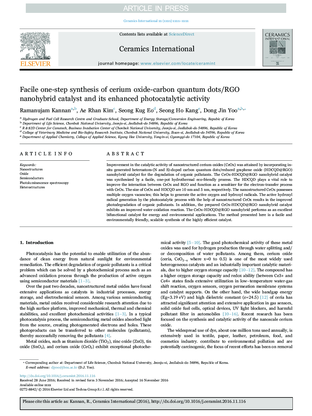 Facile one-step synthesis of cerium oxide-carbon quantum dots/RGO nanohybrid catalyst and its enhanced photocatalytic activity