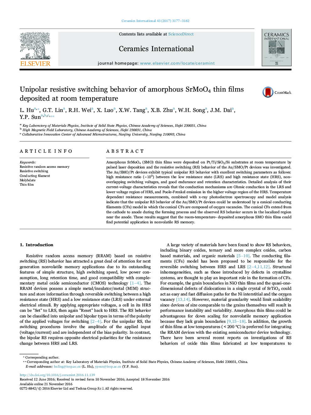 عکس صفحه اول مقاله: Unipolar resistive switching behavior of amorphous SrMoO4 thin films deposited at room temperature Unipolar resistive switching behavior of amorphous SrMoO4 thin films deposited at room temperature