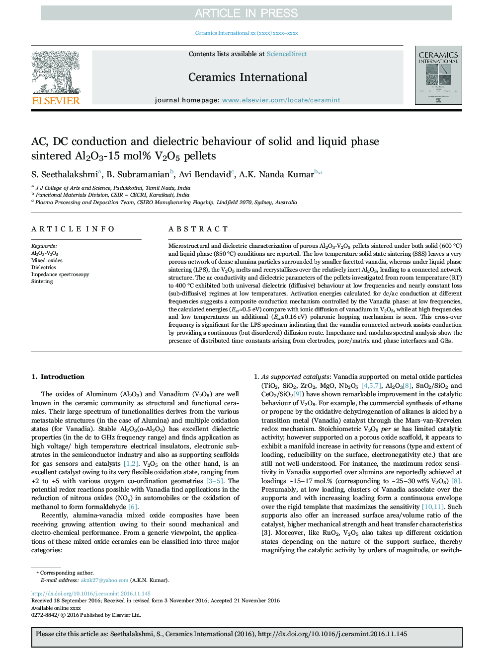 AC, DC conduction and dielectric behaviour of solid and liquid phase sintered Al2O3-15Â mol% V2O5 pellets