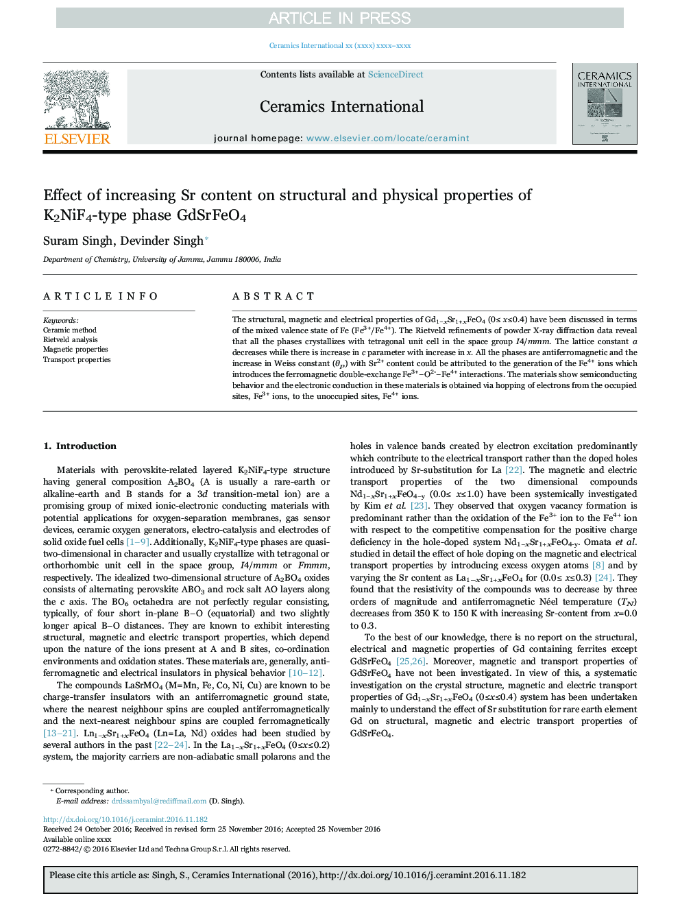 عکس صفحه اول مقاله: Effect of increasing Sr content on structural and physical properties of K2NiF4-type phase GdSrFeO4 Effect of increasing Sr content on structural and physical properties of K2NiF4-type phase GdSrFeO4