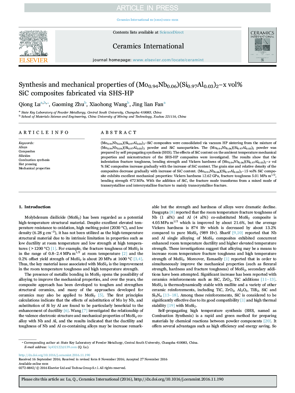 Synthesis and mechanical properties of (Mo0.94Nb0.06)(Si0.97Al0.03)2âx vol% SiC composites fabricated via SHS-HP