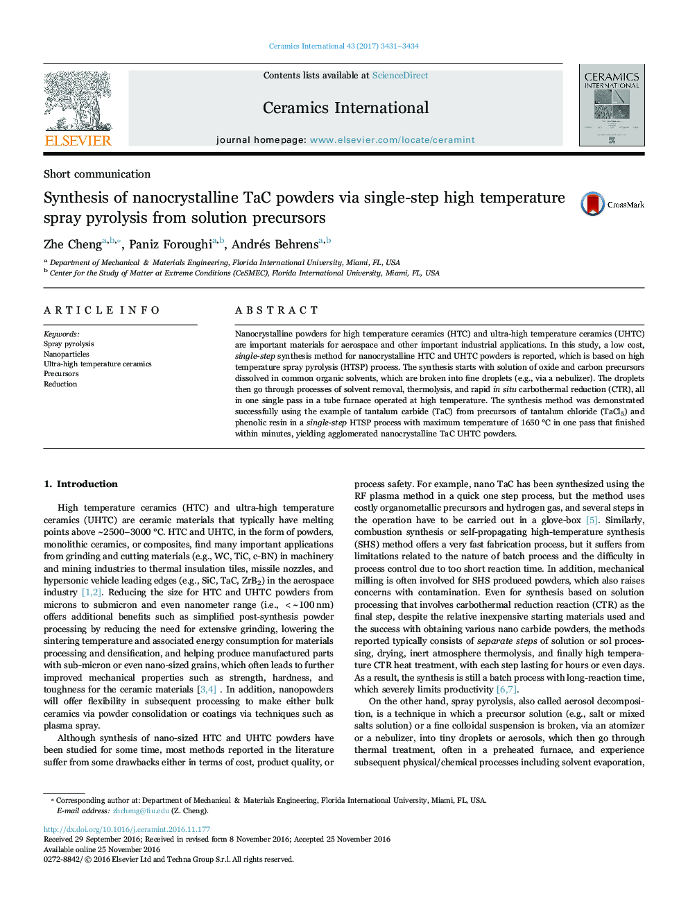 Synthesis of nanocrystalline TaC powders via single-step high temperature spray pyrolysis from solution precursors