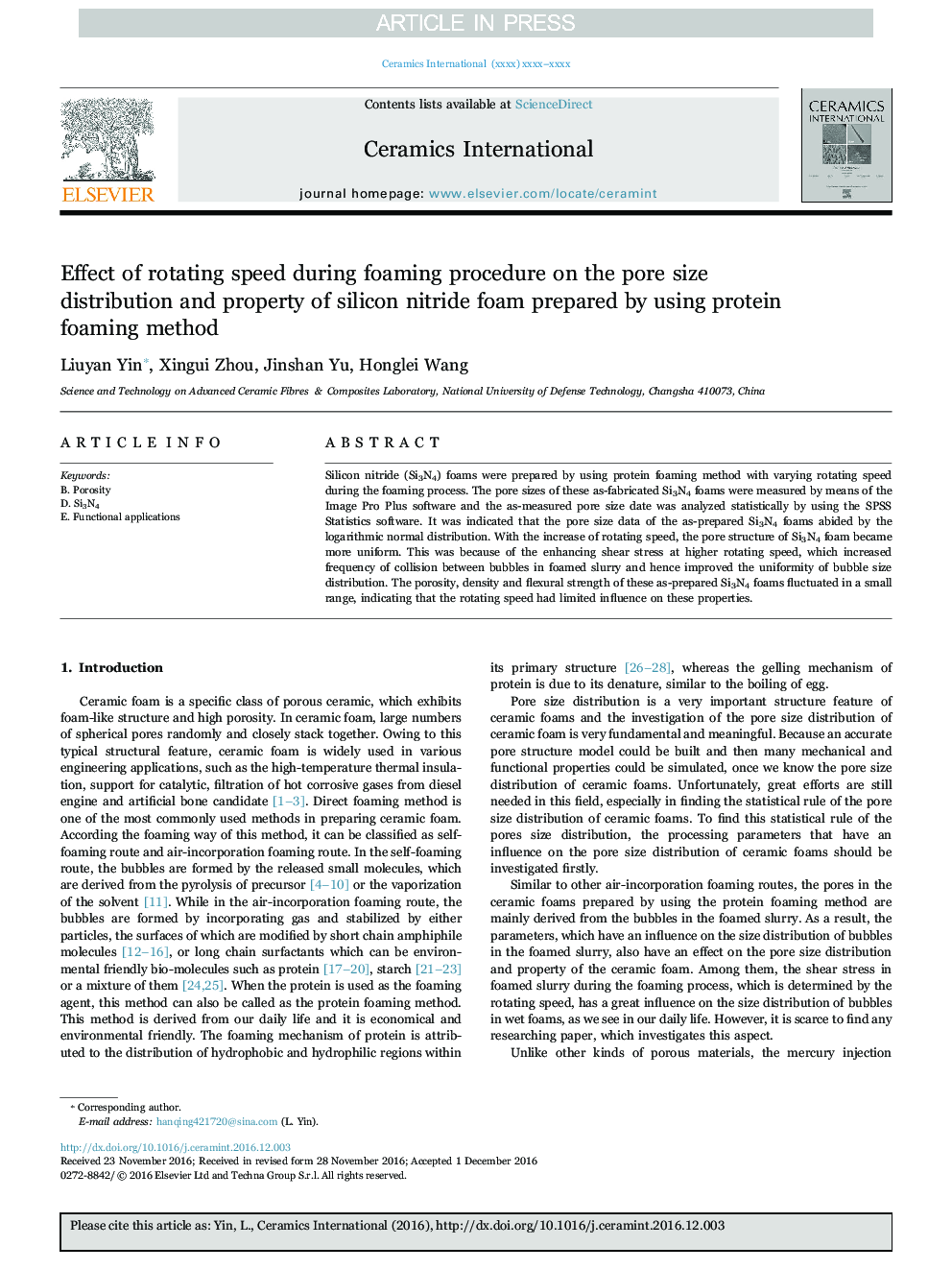 Effect of rotating speed during foaming procedure on the pore size distribution and property of silicon nitride foam prepared by using protein foaming method