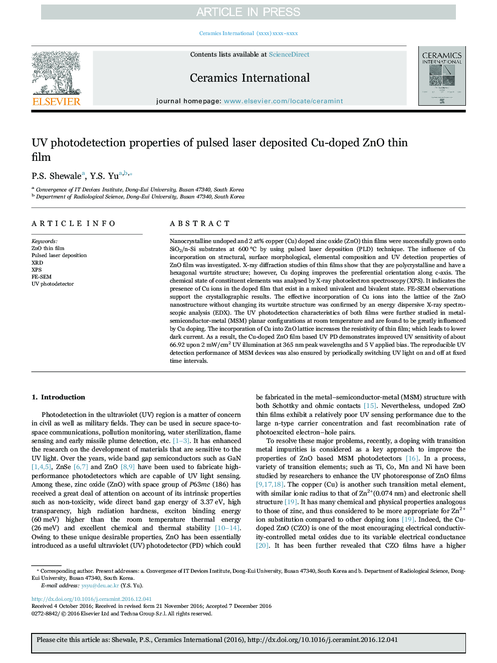 UV photodetection properties of pulsed laser deposited Cu-doped ZnO thin film