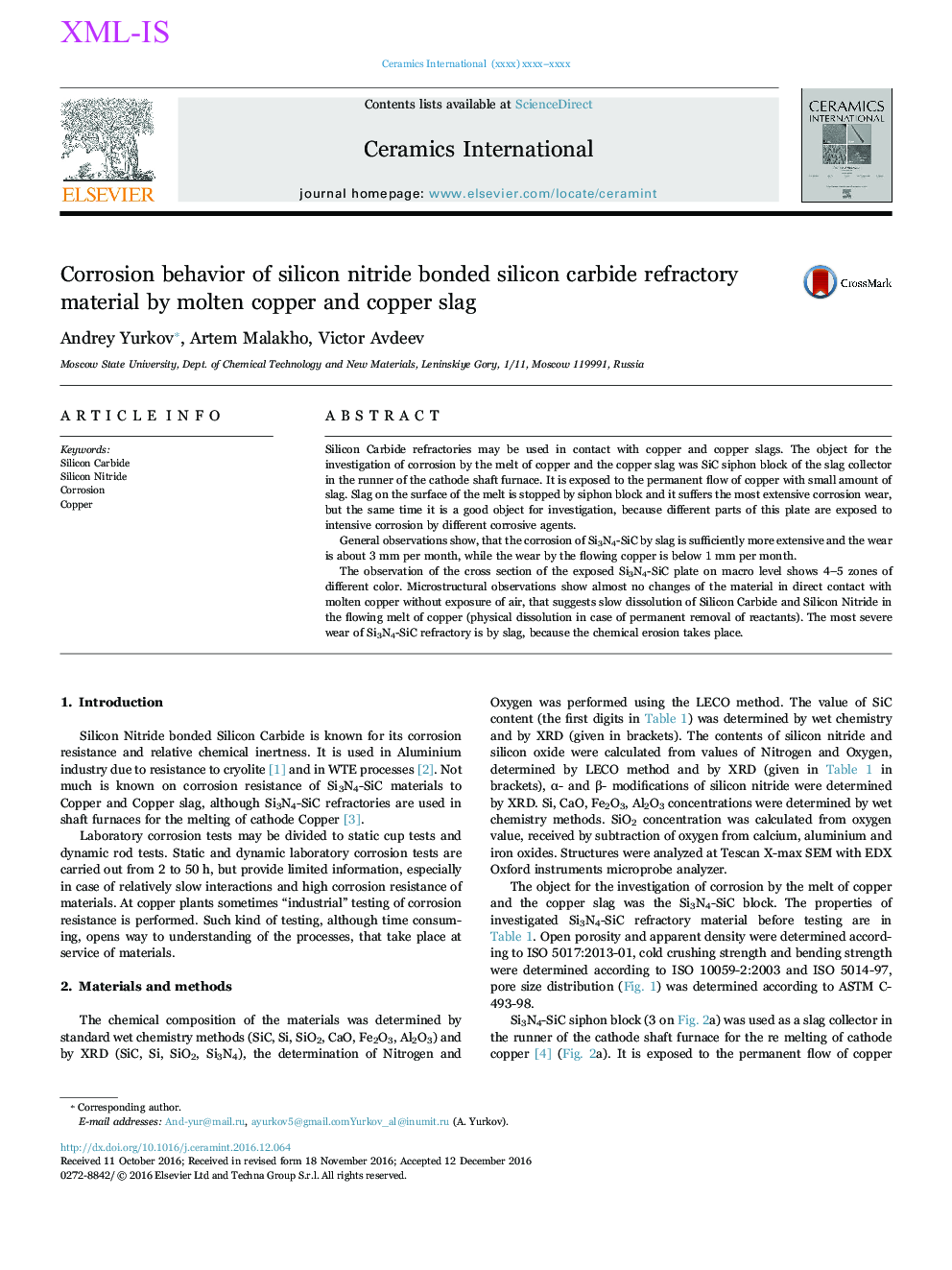 Corrosion behavior of silicon nitride bonded silicon carbide refractory material by molten copper and copper slag