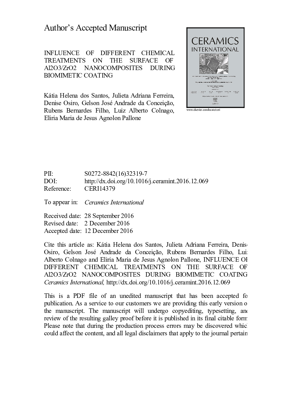 Influence of different chemical treatments on the surface of Al2O3/ZrO2 nanocomposites during biomimetic coating