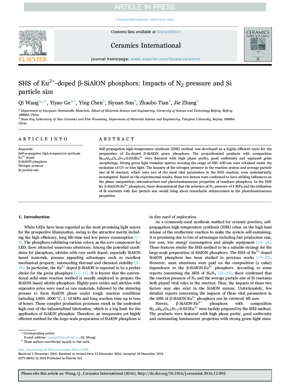SHS of Eu2+-doped Î²-SiAlON phosphors: Impacts of N2 pressure and Si particle size