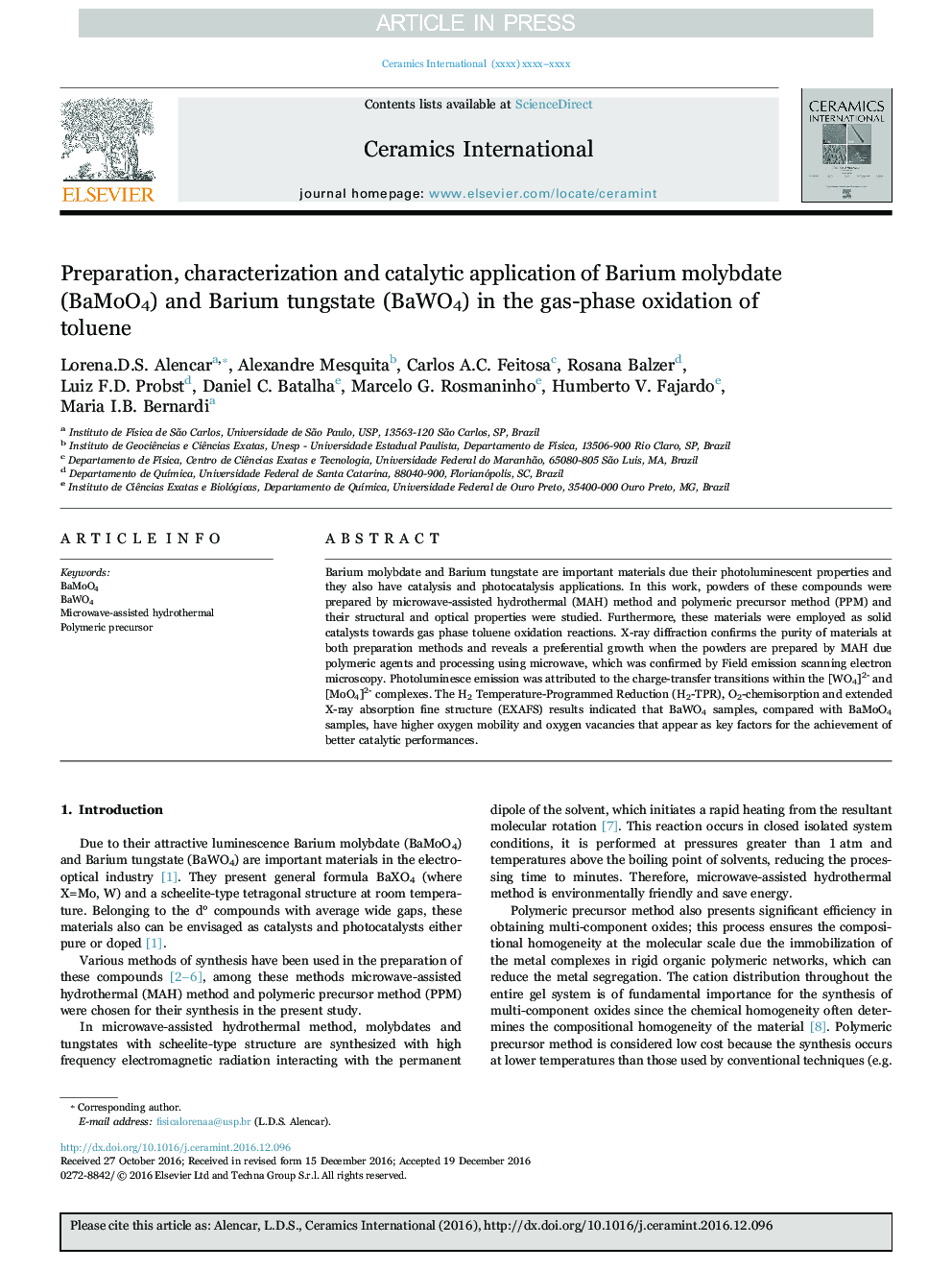 Preparation, characterization and catalytic application of Barium molybdate (BaMoO4) and Barium tungstate (BaWO4) in the gas-phase oxidation of toluene