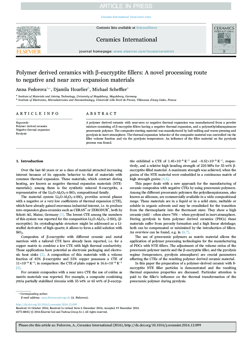 Polymer derived ceramics with Î²-eucryptite fillers: A novel processing route to negative and near zero expansion materials