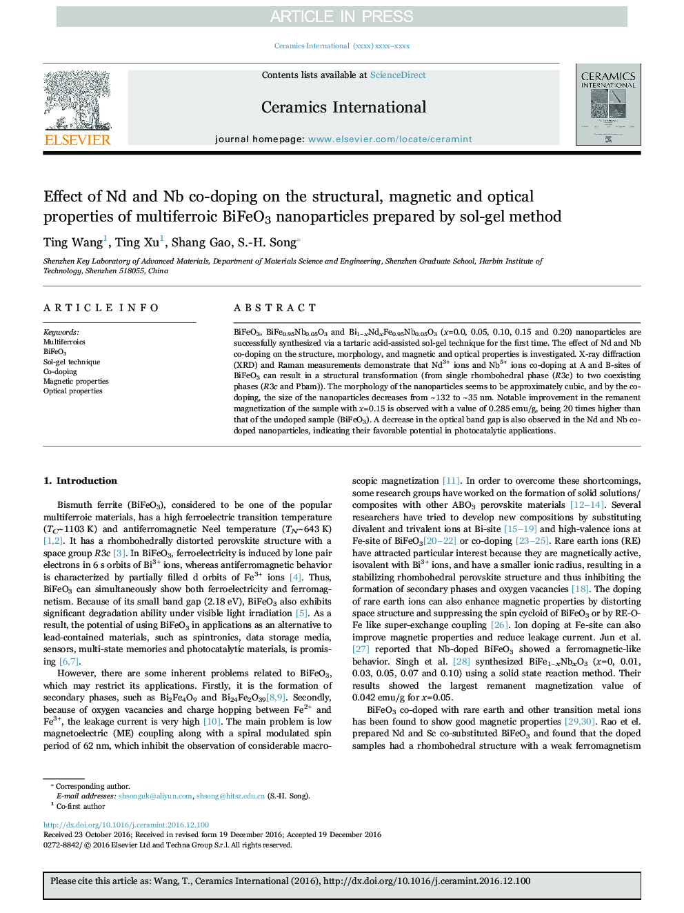 Effect of Nd and Nb co-doping on the structural, magnetic and optical properties of multiferroic BiFeO3 nanoparticles prepared by sol-gel method