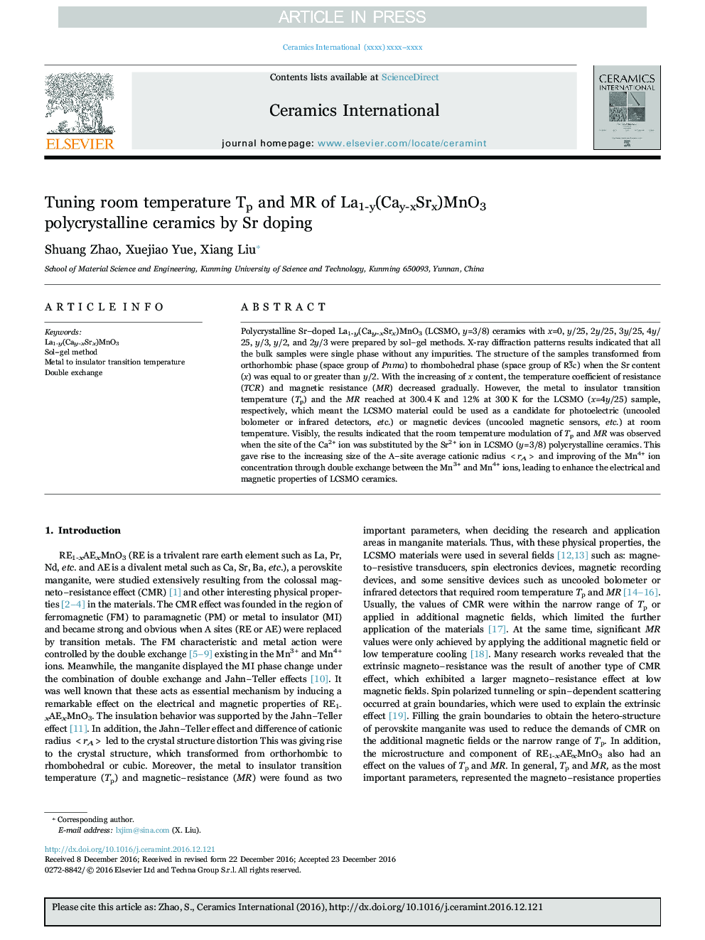 Tuning room temperature Tp and MR of La1-y(Cay-xSrx)MnO3 polycrystalline ceramics by Sr doping