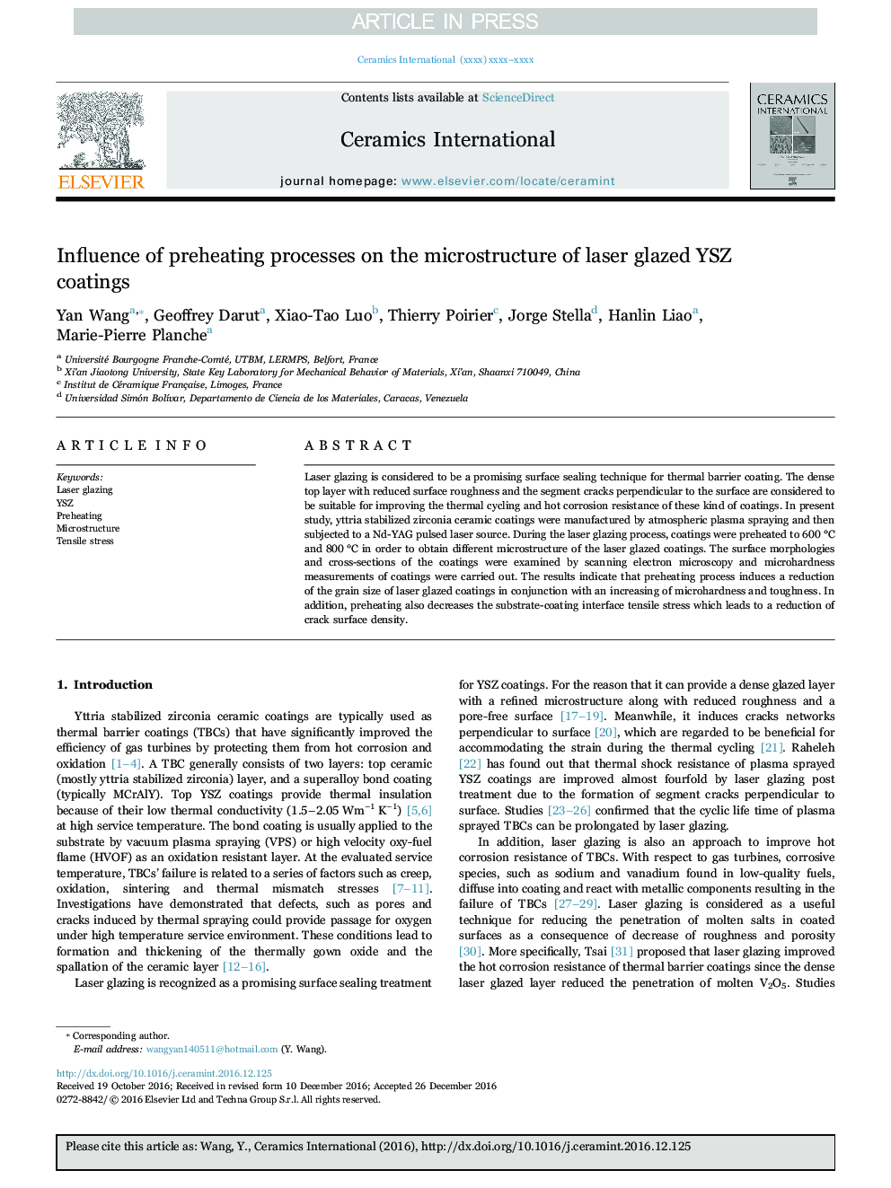 Influence of preheating processes on the microstructure of laser glazed YSZ coatings