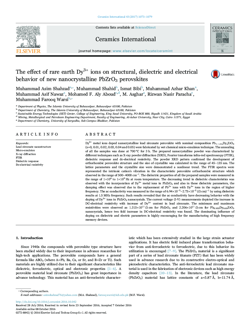 The effect of rare earth Dy3+ ions on structural, dielectric and electrical behavior of new nanocrystalline PbZrO3 perovskites