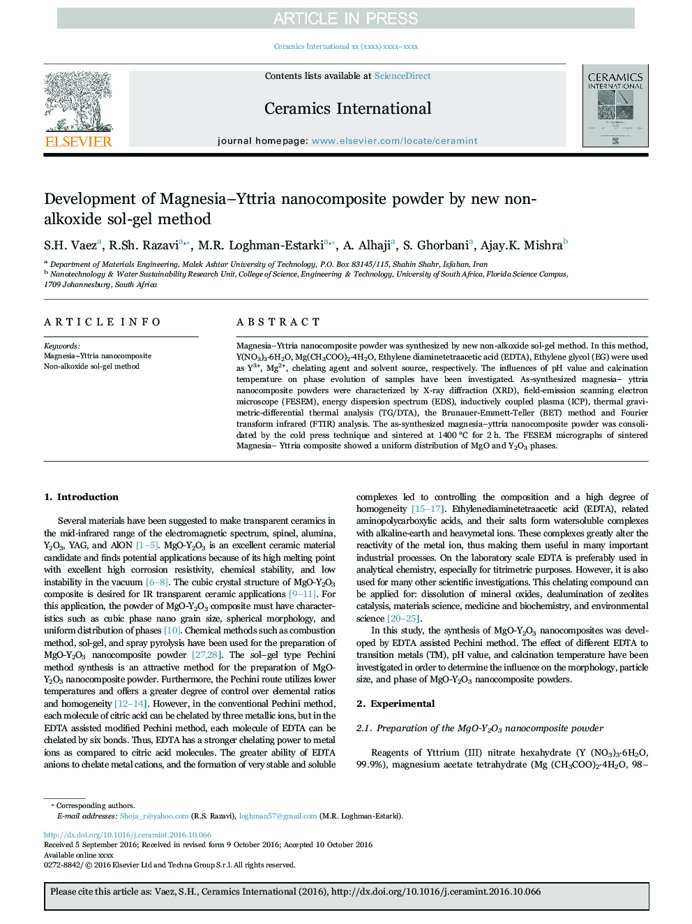 Development of Magnesia-Yttria nanocomposite powder by new non-alkoxide sol-gel method