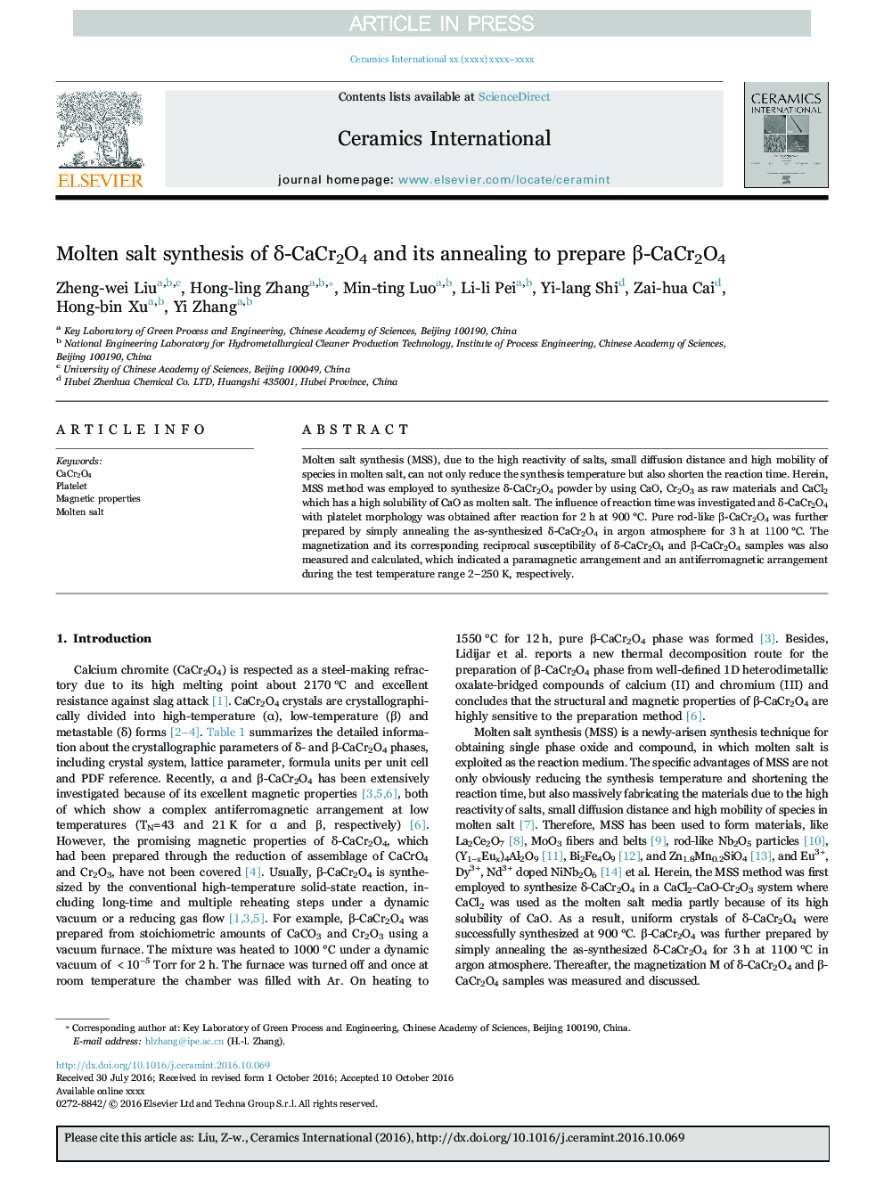 عکس صفحه اول مقاله: Molten salt synthesis of δ-CaCr2O4 and its annealing to prepare β-CaCr2O4 Molten salt synthesis of δ-CaCr2O4 and its annealing to prepare β-CaCr2O4