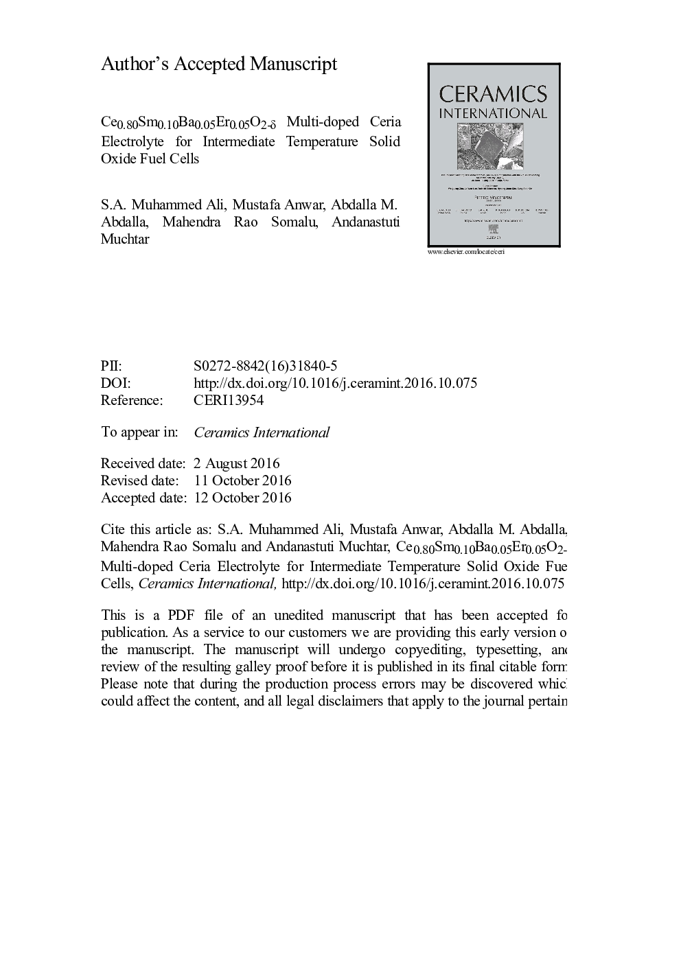 Ce0.80Sm0.10Ba0.05Er0.05O2-Î´ multi-doped ceria electrolyte for intermediate temperature solid oxide fuel cells