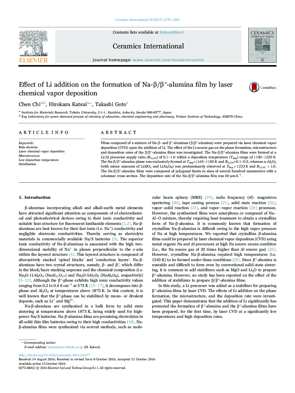 Effect of Li addition on the formation of Na-Î²/Î²Ê¹Ê¹-alumina film by laser chemical vapor deposition