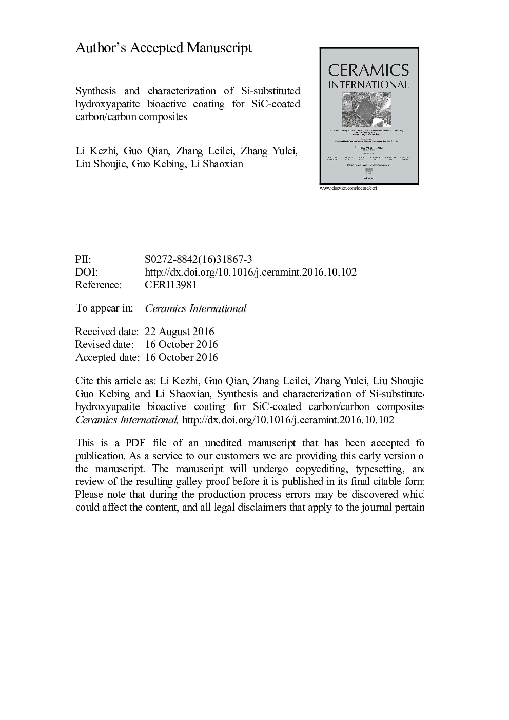 Synthesis and characterization of Si-substituted hydroxyapatite bioactive coating for SiC-coated carbon/carbon composites