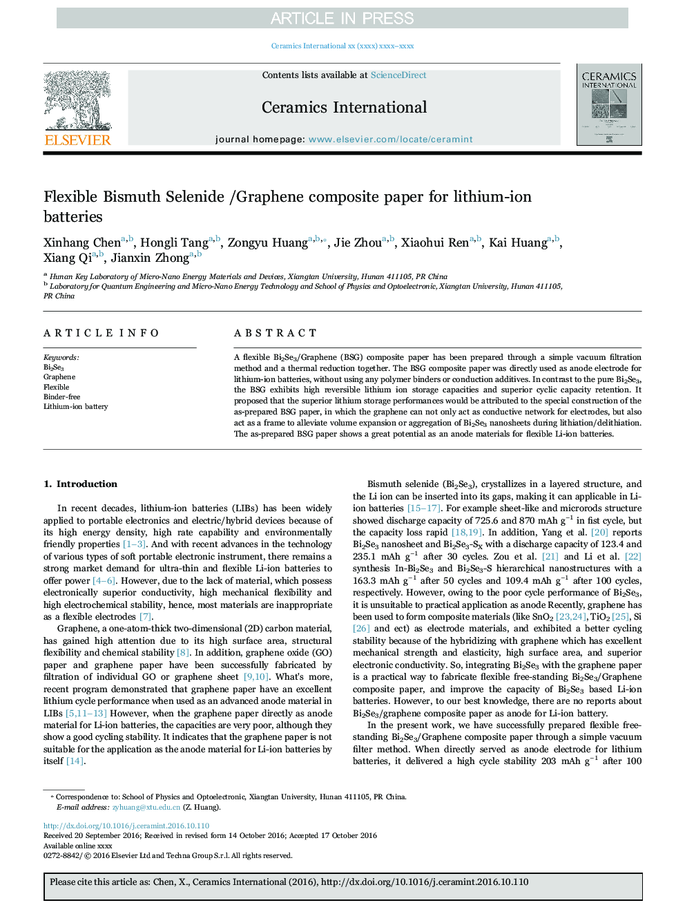 Flexible Bismuth Selenide /Graphene composite paper for lithium-ion batteries