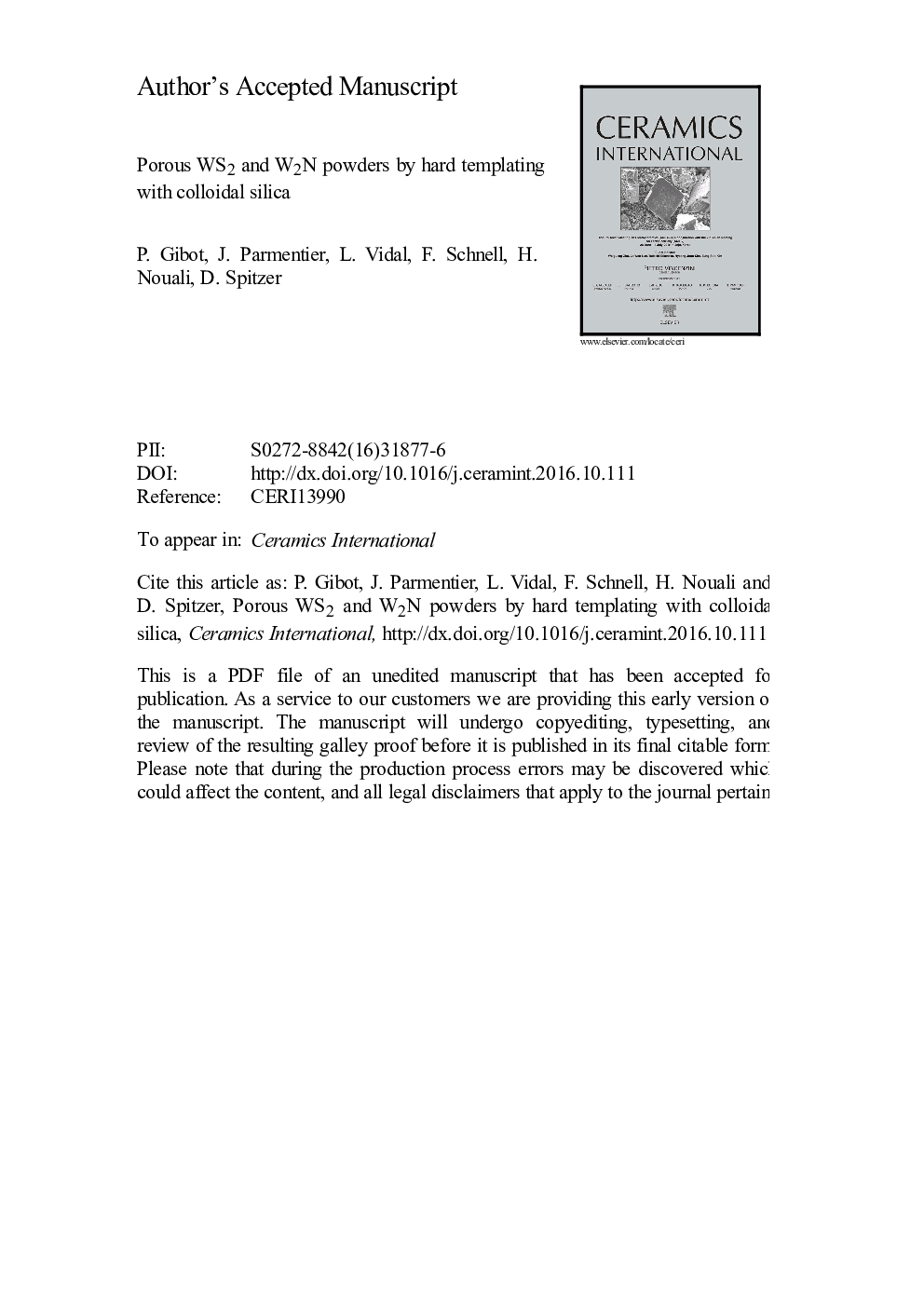 عکس صفحه اول مقاله: Porous WS2 and W2N powders by hard templating with colloidal silica Porous WS2 and W2N powders by hard templating with colloidal silica