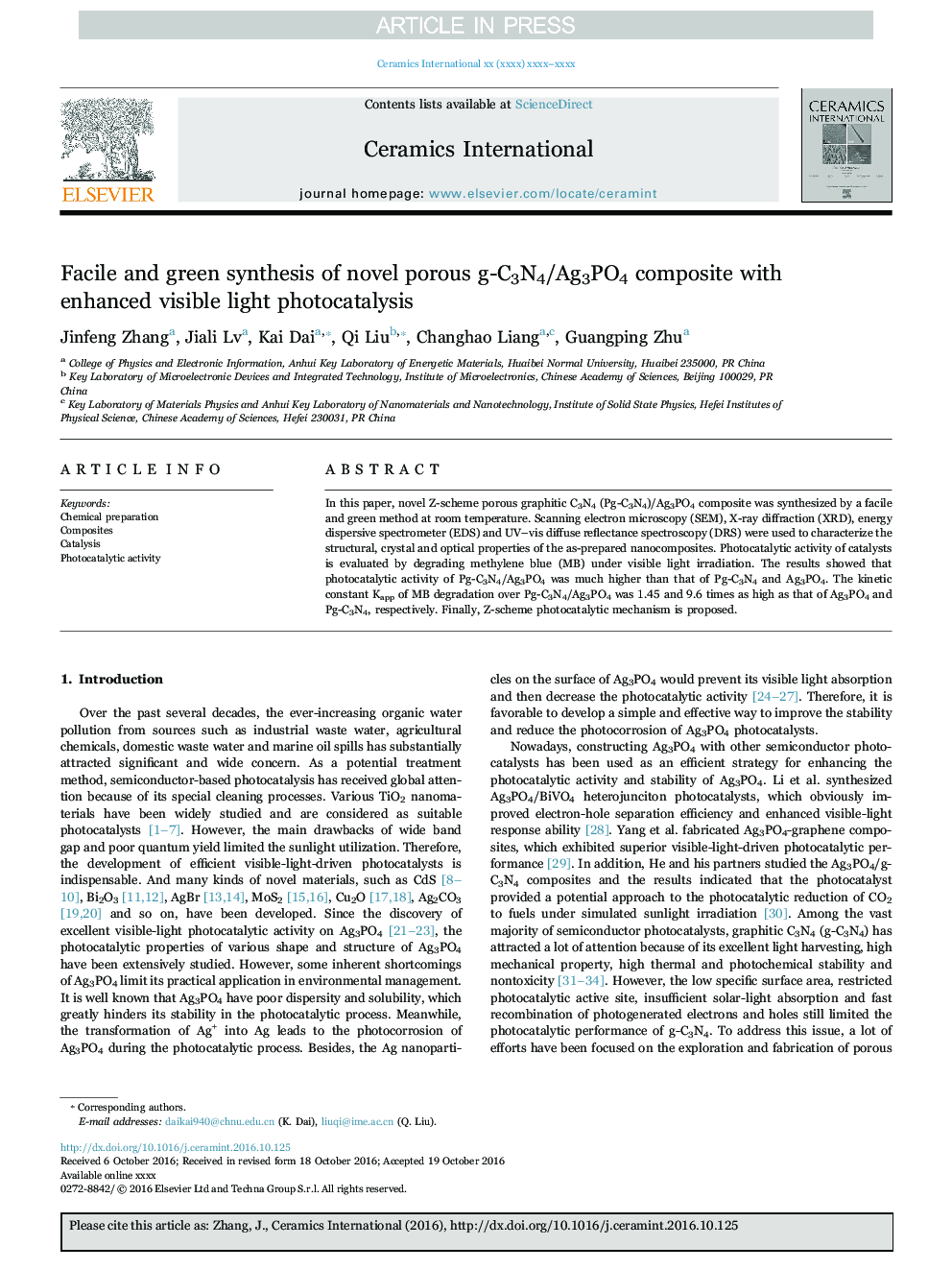 Facile and green synthesis of novel porous g-C3N4/Ag3PO4 composite with enhanced visible light photocatalysis