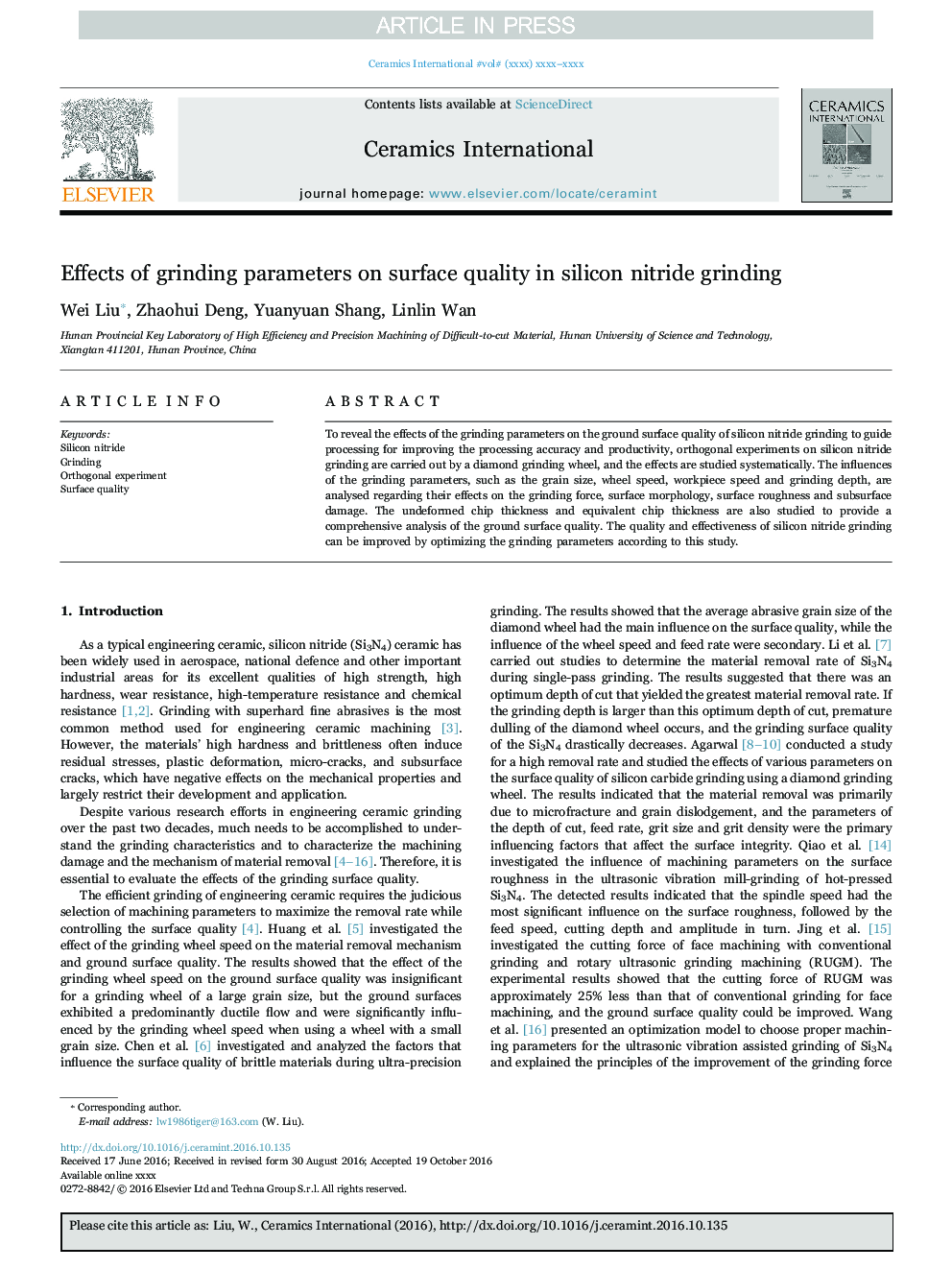 Effects of grinding parameters on surface quality in silicon nitride grinding