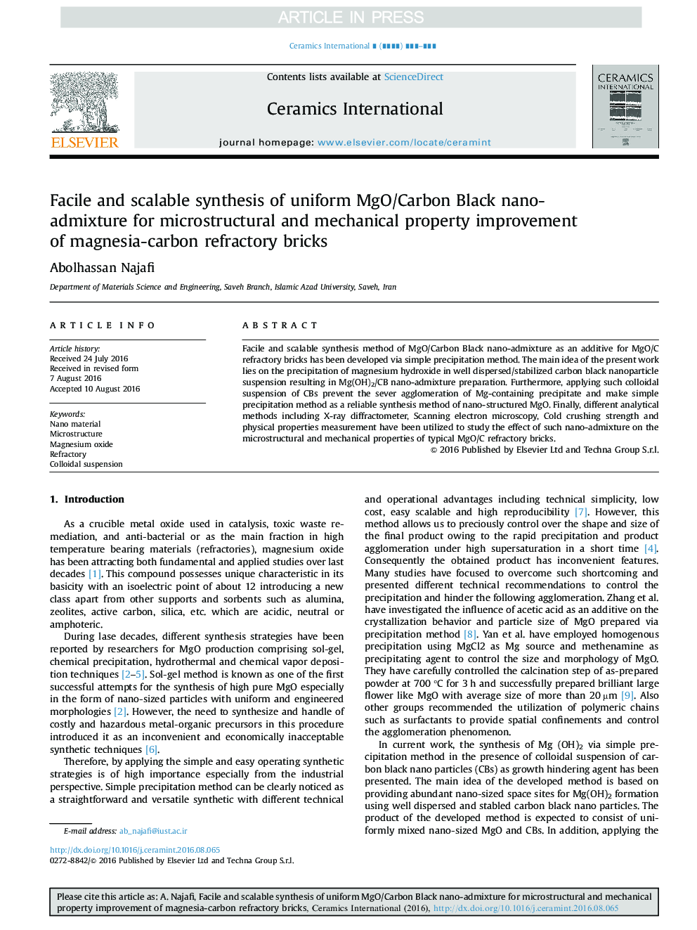 Facile and scalable synthesis of uniform MgO/Carbon Black nano-admixture for microstructural and mechanical property improvement of magnesia-carbon refractory bricks