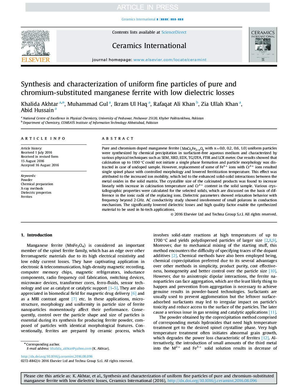 Synthesis and characterization of uniform fine particles of pure and chromium-substituted manganese ferrite with low dielectric losses