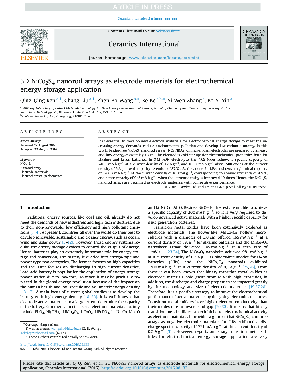 3D NiCo2S4 nanorod arrays as electrode materials for electrochemical energy storage application