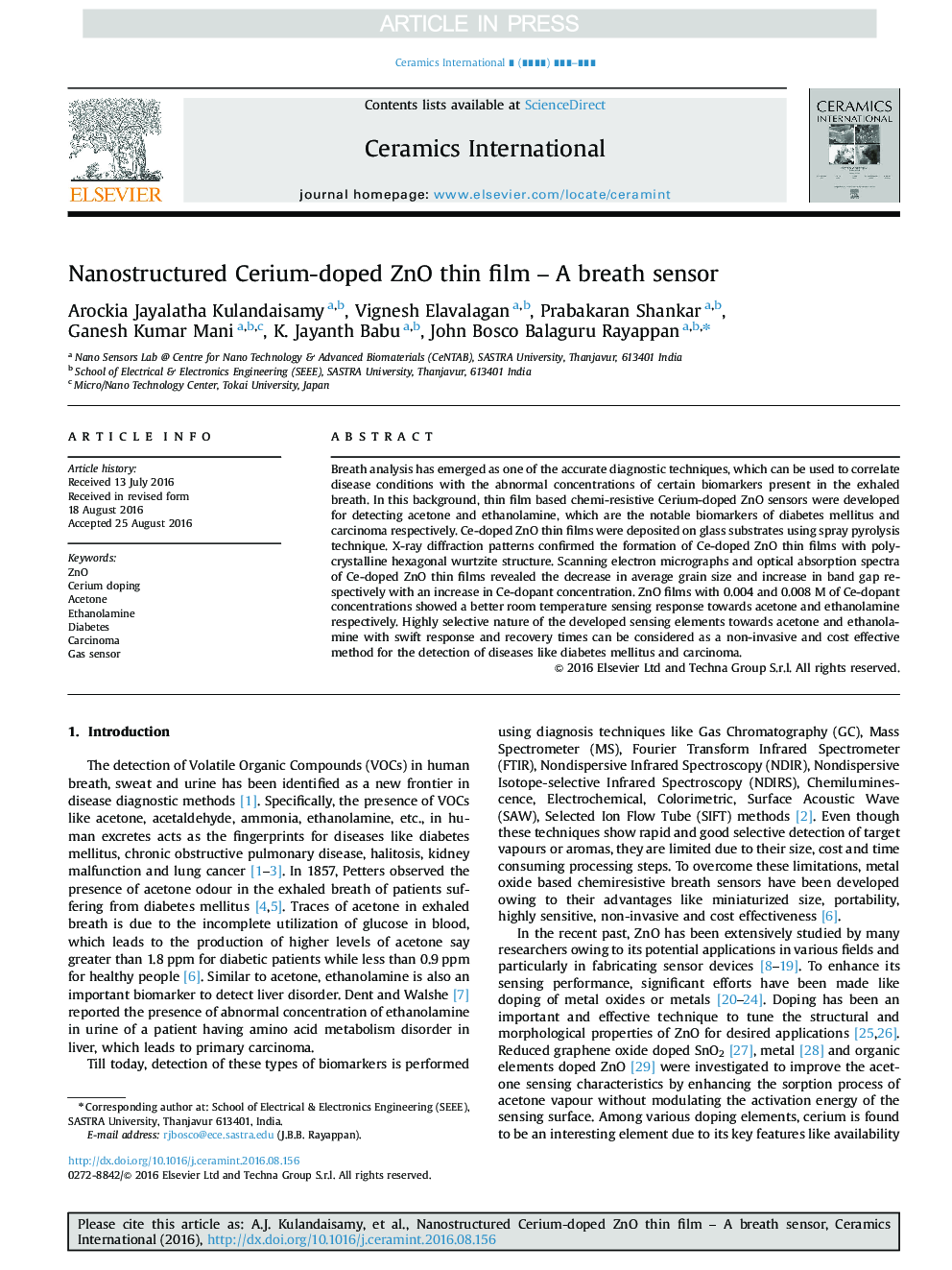 Nanostructured Cerium-doped ZnO thin film - A breath sensor