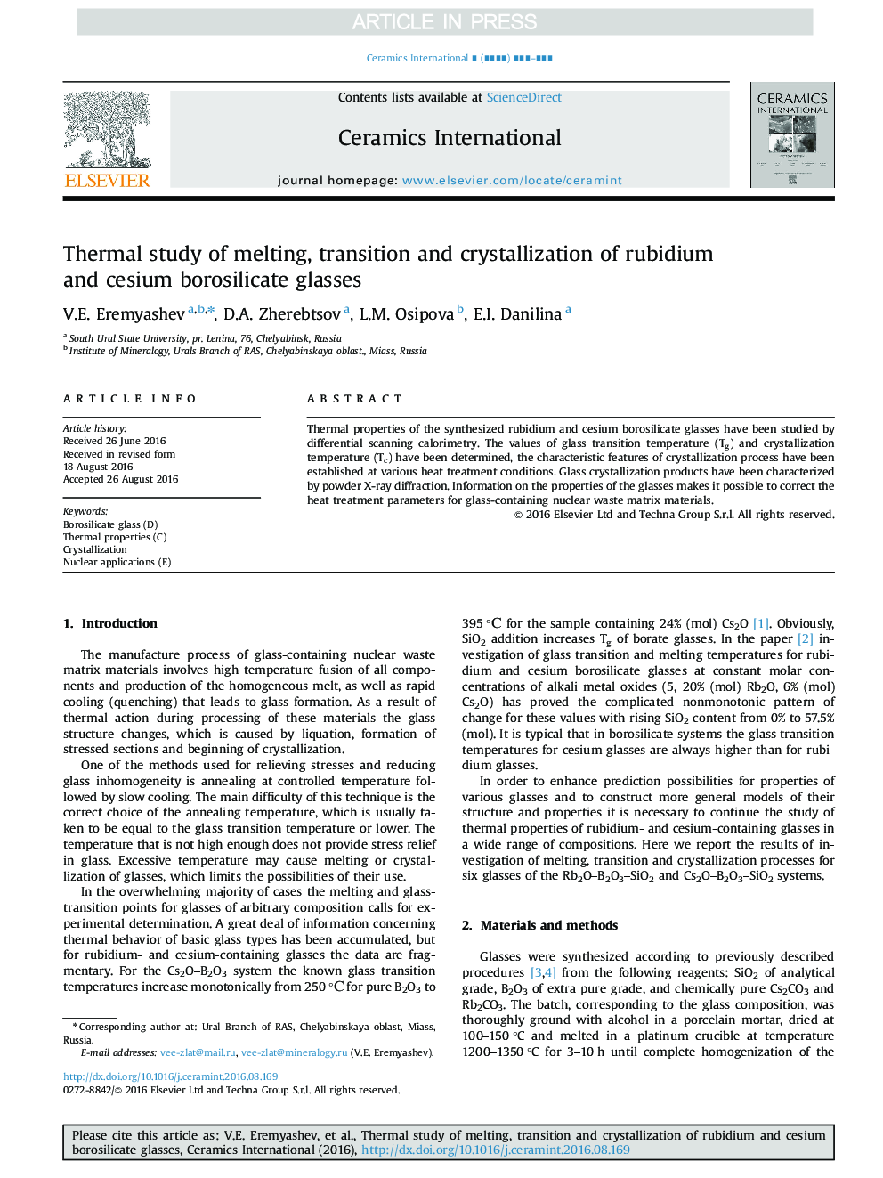 Thermal study of melting, transition and crystallization of rubidium and cesium borosilicate glasses