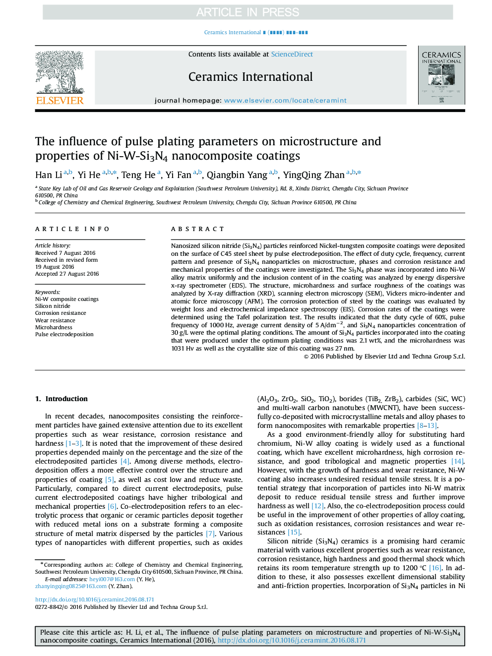 The influence of pulse plating parameters on microstructure and properties of Ni-W-Si3N4 nanocomposite coatings