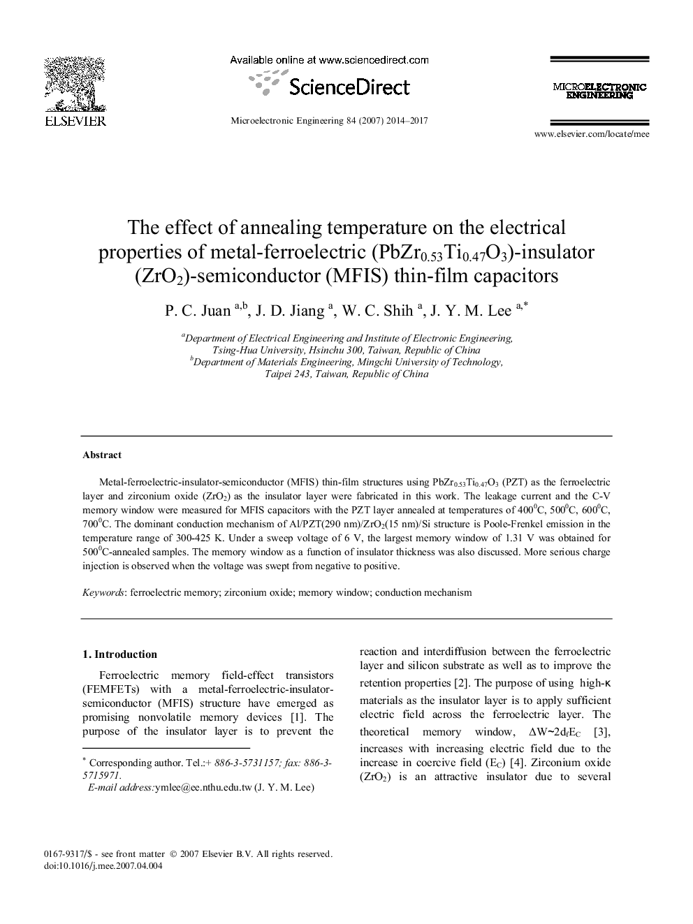 اثر دمای بازپخت بر خواص الکتریکی از فلز و فروالکتریک (PbZr0.53Ti0.47O3) عایق (ذرات ZrO2) -semiconductor (نهاد) خازن فیلم نازک