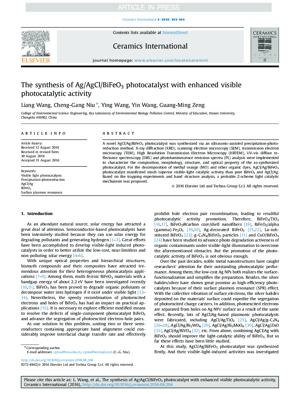 The synthesis of Ag/AgCl/BiFeO3 photocatalyst with enhanced visible photocatalytic activity