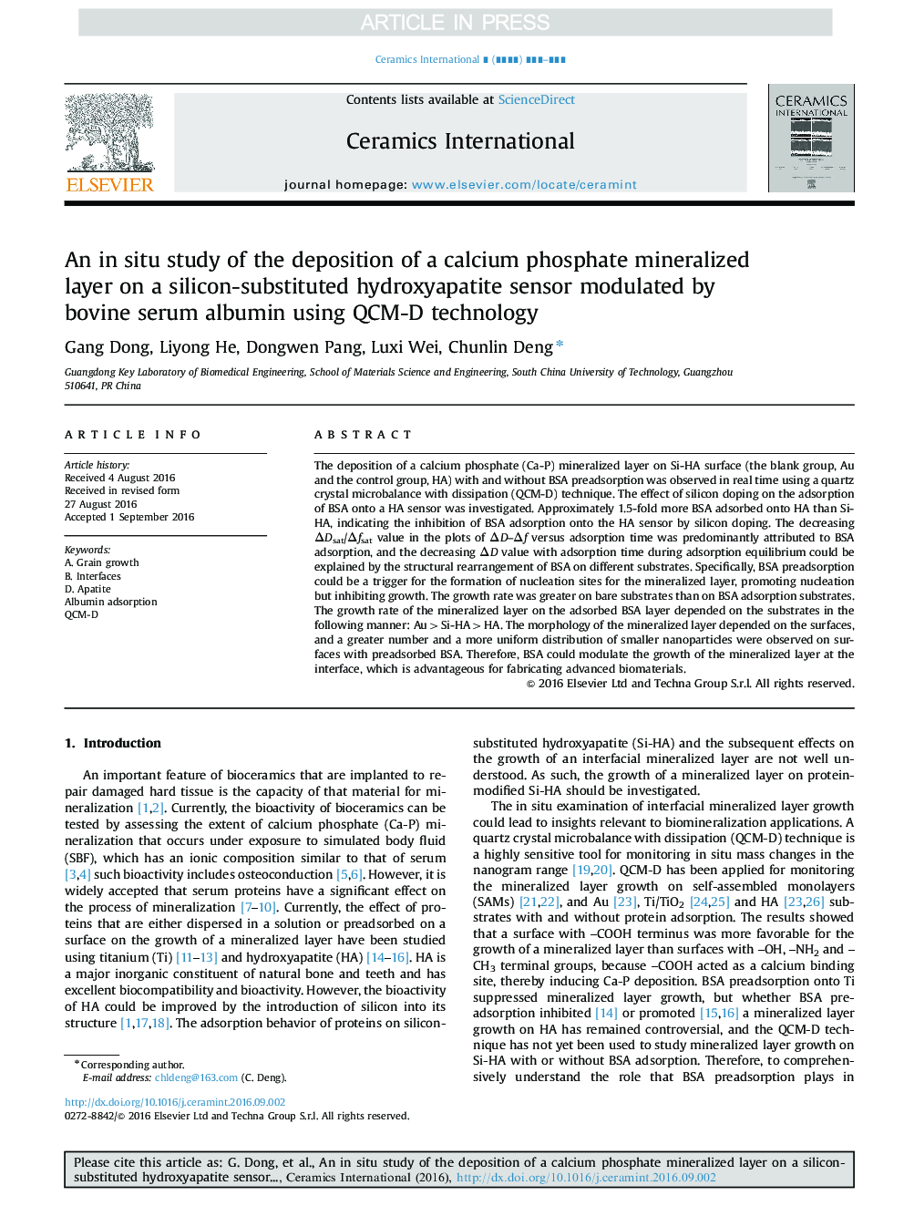 An in situ study of the deposition of a calcium phosphate mineralized layer on a silicon-substituted hydroxyapatite sensor modulated by bovine serum albumin using QCM-D technology