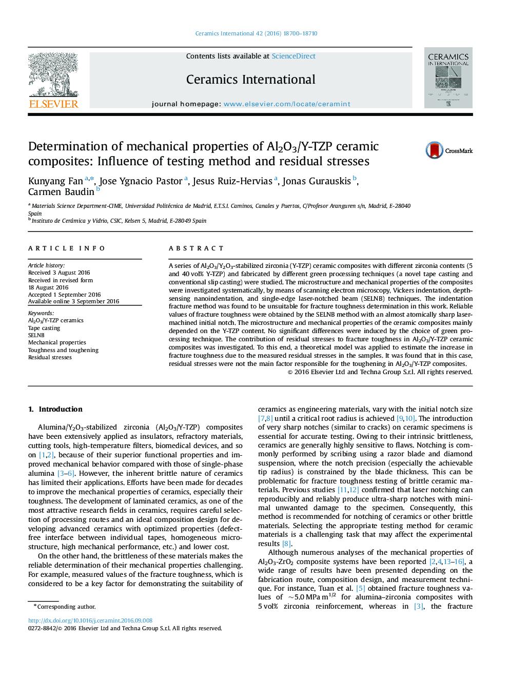 Determination of mechanical properties of Al2O3/Y-TZP ceramic composites: Influence of testing method and residual stresses