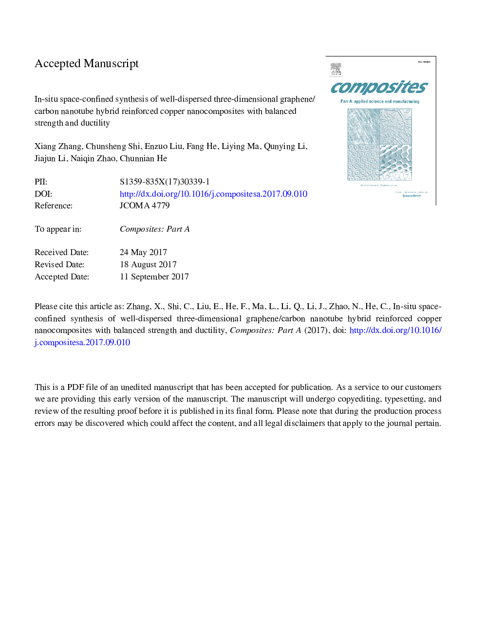 In-situ space-confined synthesis of well-dispersed three-dimensional graphene/carbon nanotube hybrid reinforced copper nanocomposites with balanced strength and ductility