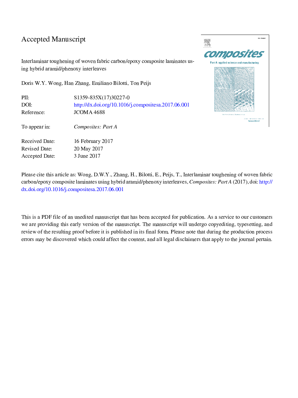 Interlaminar toughening of woven fabric carbon/epoxy composite laminates using hybrid aramid/phenoxy interleaves