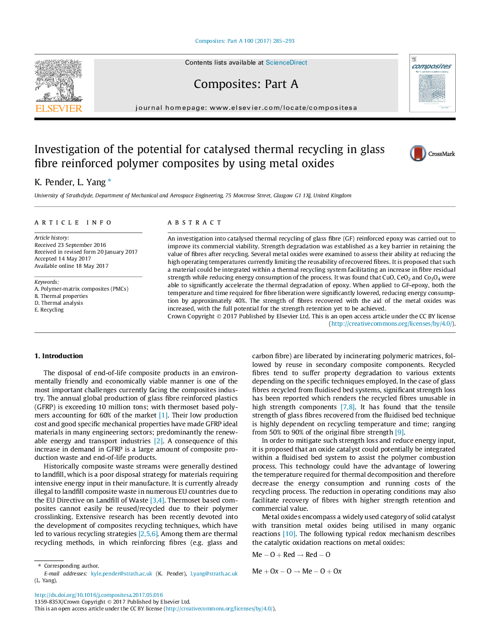 Investigation of the potential for catalysed thermal recycling in glass fibre reinforced polymer composites by using metal oxides