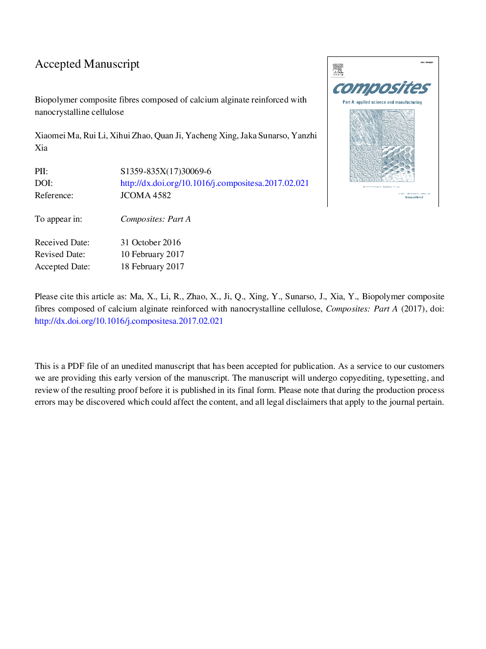 Biopolymer composite fibres composed of calcium alginate reinforced with nanocrystalline cellulose